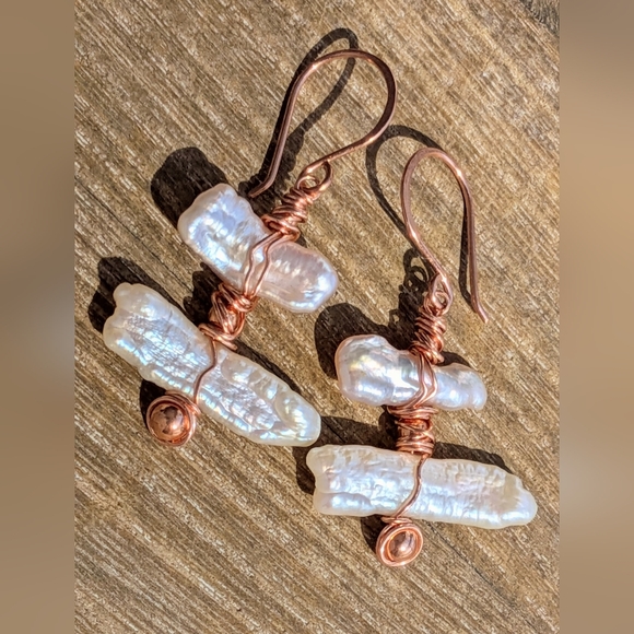 Biwa Pearl Earrings Artisan Copper Wrap Lightweight Coastal Style - Picture 9 of 14